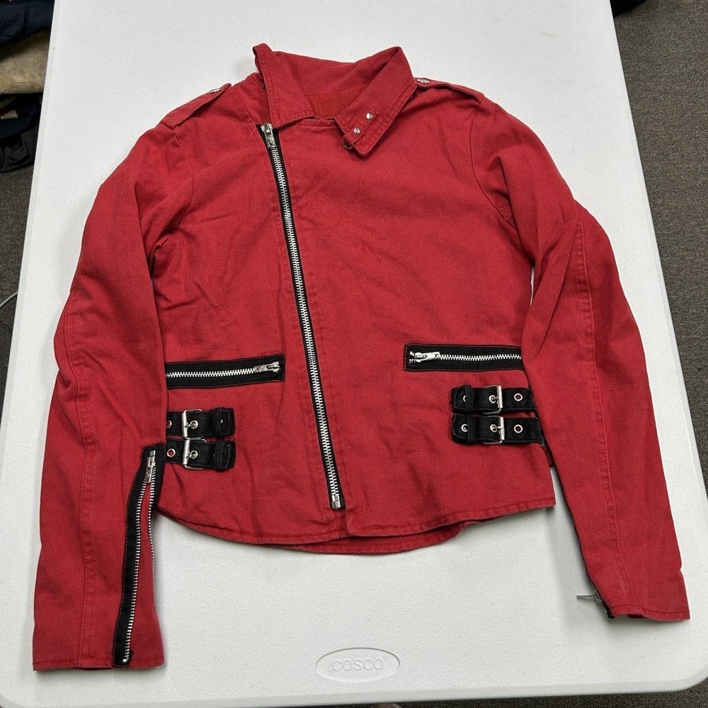 Tripp NYC Moto Jacket Womens Large Red Cotton Buckle Asymmetric Zip Punk D-Rings